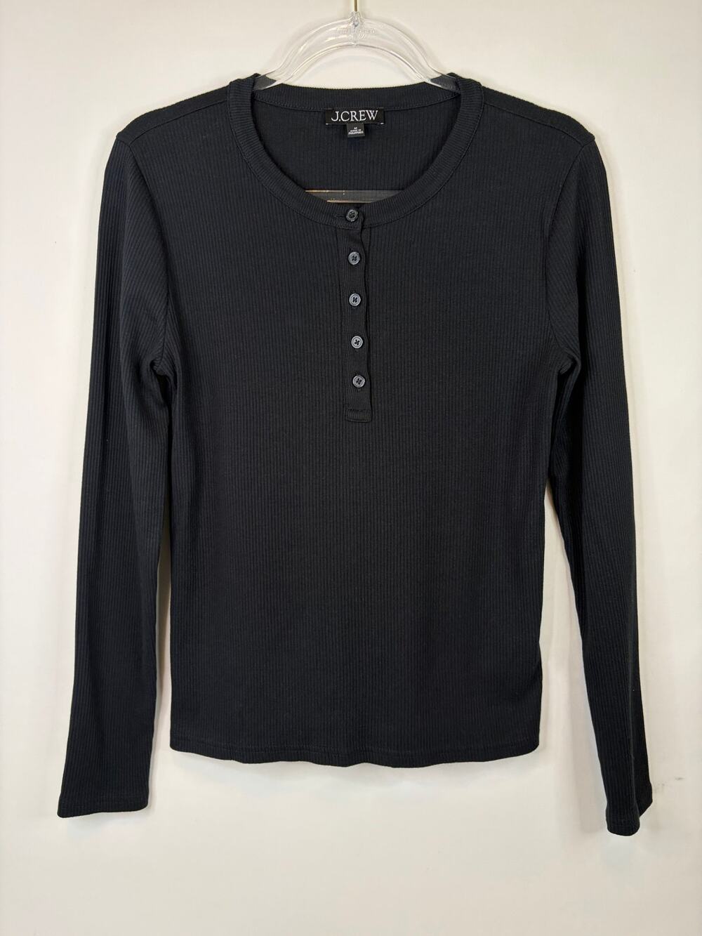 J Crew Black Ribbed Henley Long Sleeve Shirt Top Size Medium Women's